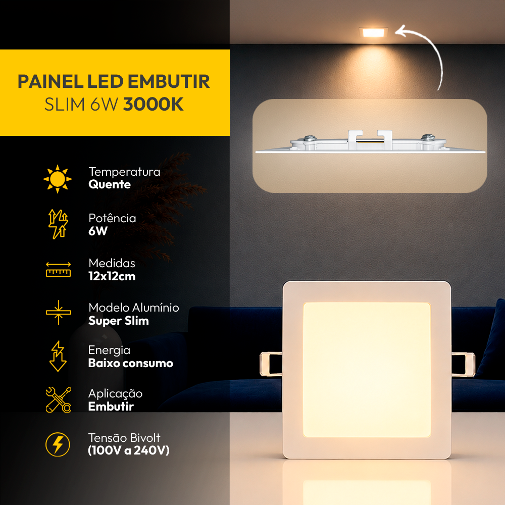 Painel Led Plafon Aluminio Embutir 6w 3000k Branco Quente 12x12Cm Quadrado Cod: ALUT001969 Alut By Avant