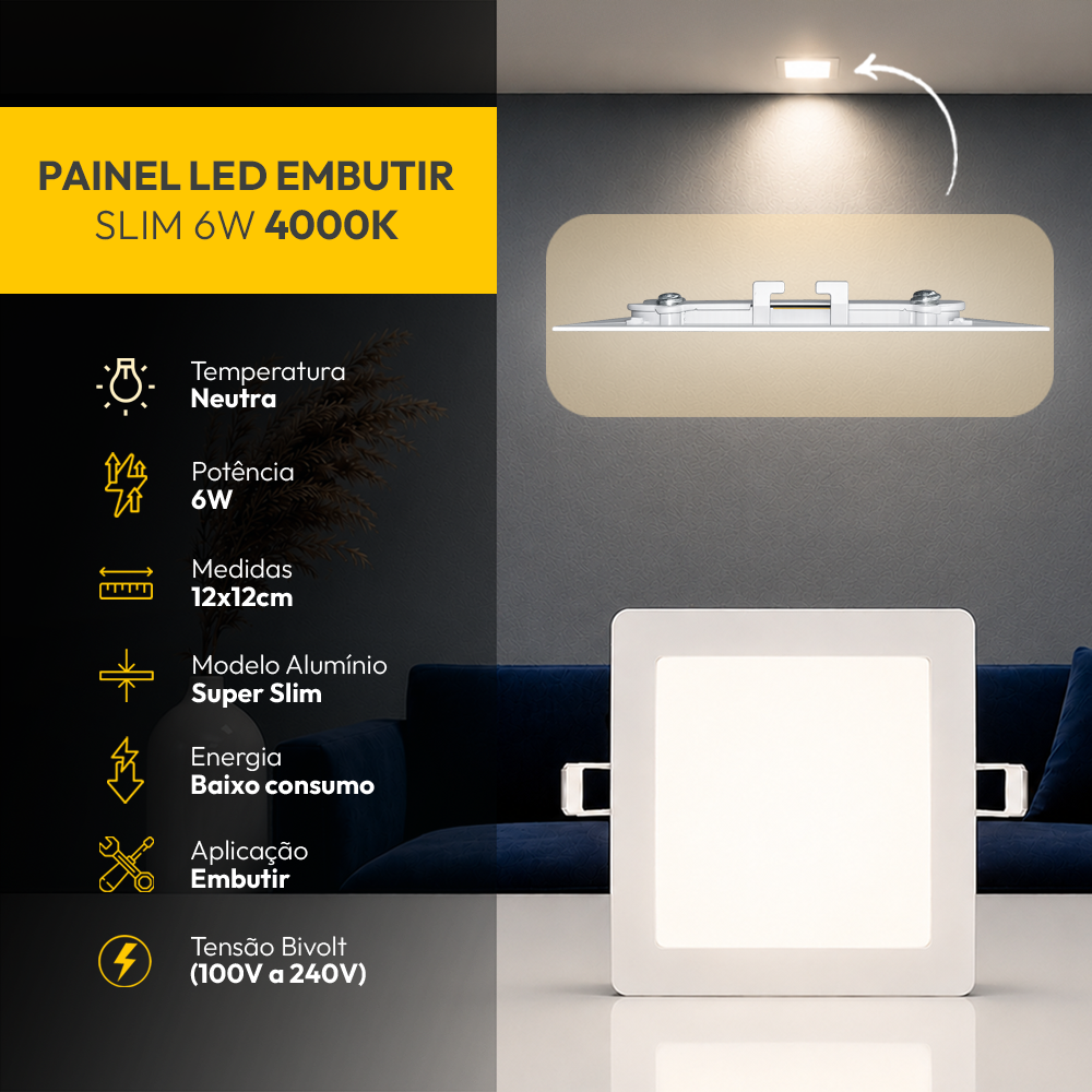 Painel Led Plafon Aluminio Embutir 6w 4000k Branco Neutro 12x12Cm Quadrado Cod: ALUT001970 Alut By Avant