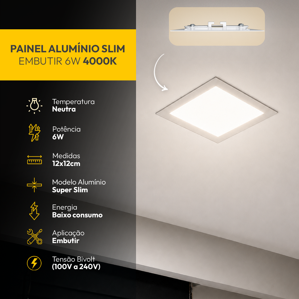 Painel Led Plafon Aluminio Embutir 6w 4000k Branco Neutro 12x12Cm Quadrado Alut By Avant