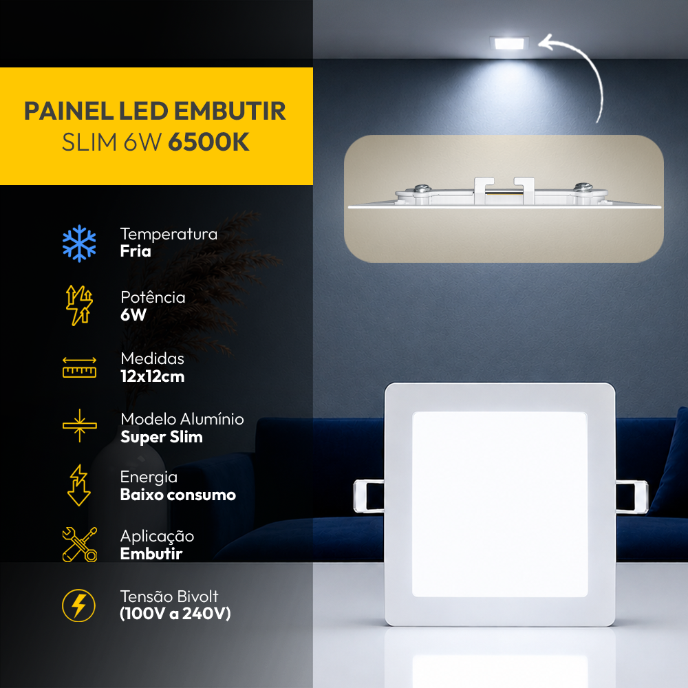 Painel Led Plafon Aluminio Embutir 6w 6500K Branco Frio 12x12Cm Quadrado Cod: ALUT001971 Alut By Avant