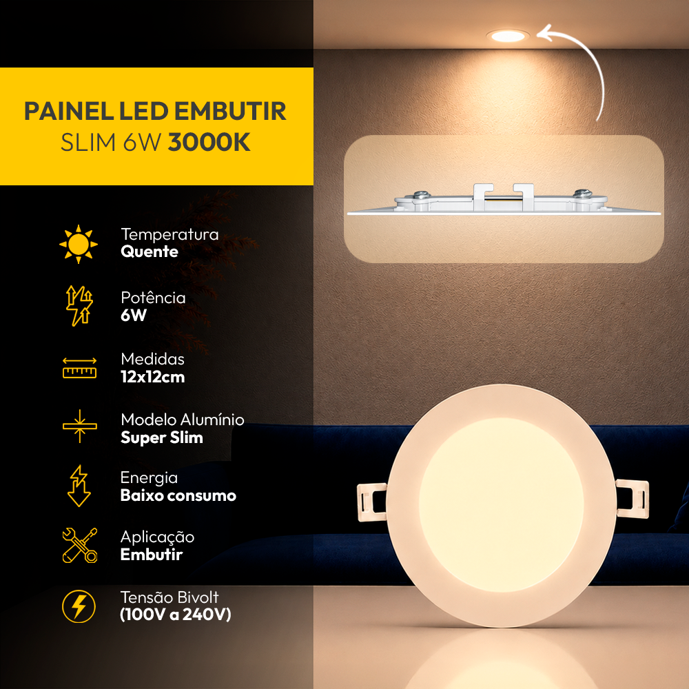 Painel Led Plafon Aluminio Embutir 6w 3000k Branco Quente 12cm Redondo Cod: ALUT001972 Alut By Avant