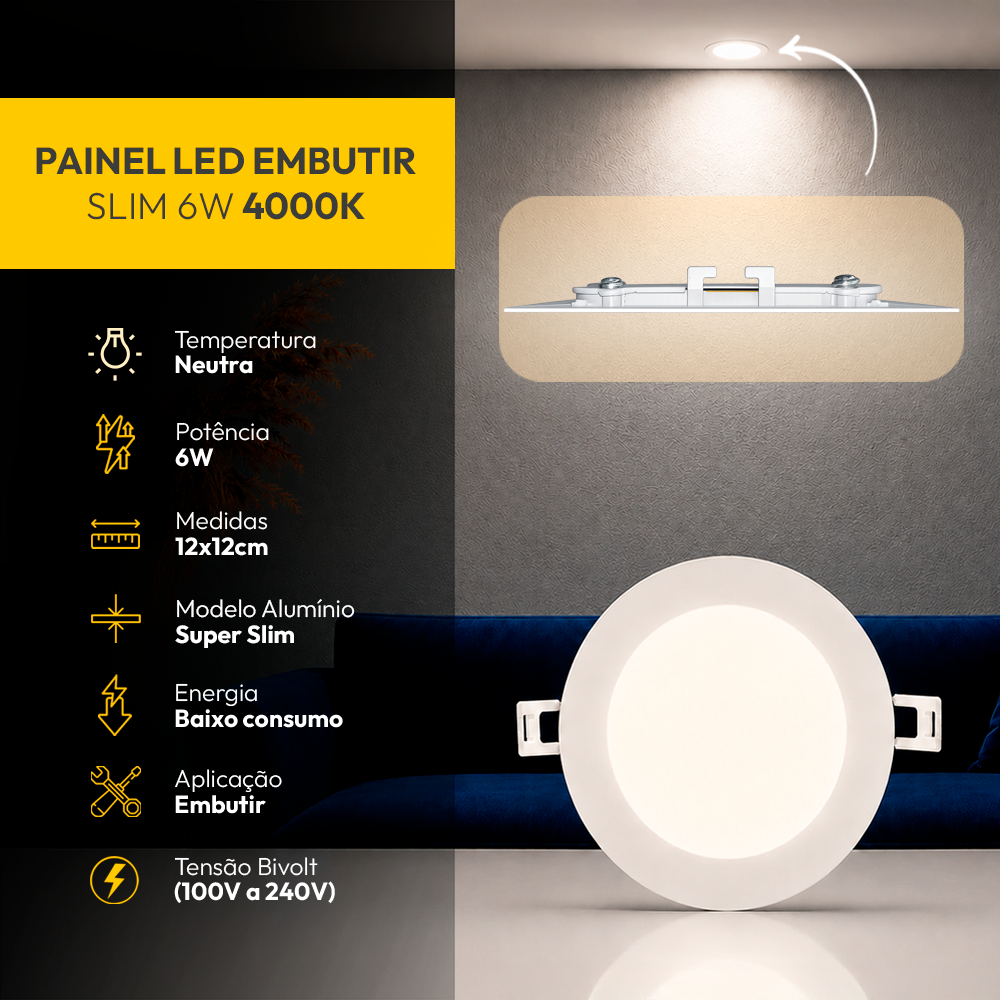 Painel Led Plafon Aluminio Embutir 6w 4000k Branco Neutro 12cm Redondo Cod: ALUT001973 Alut By Avant