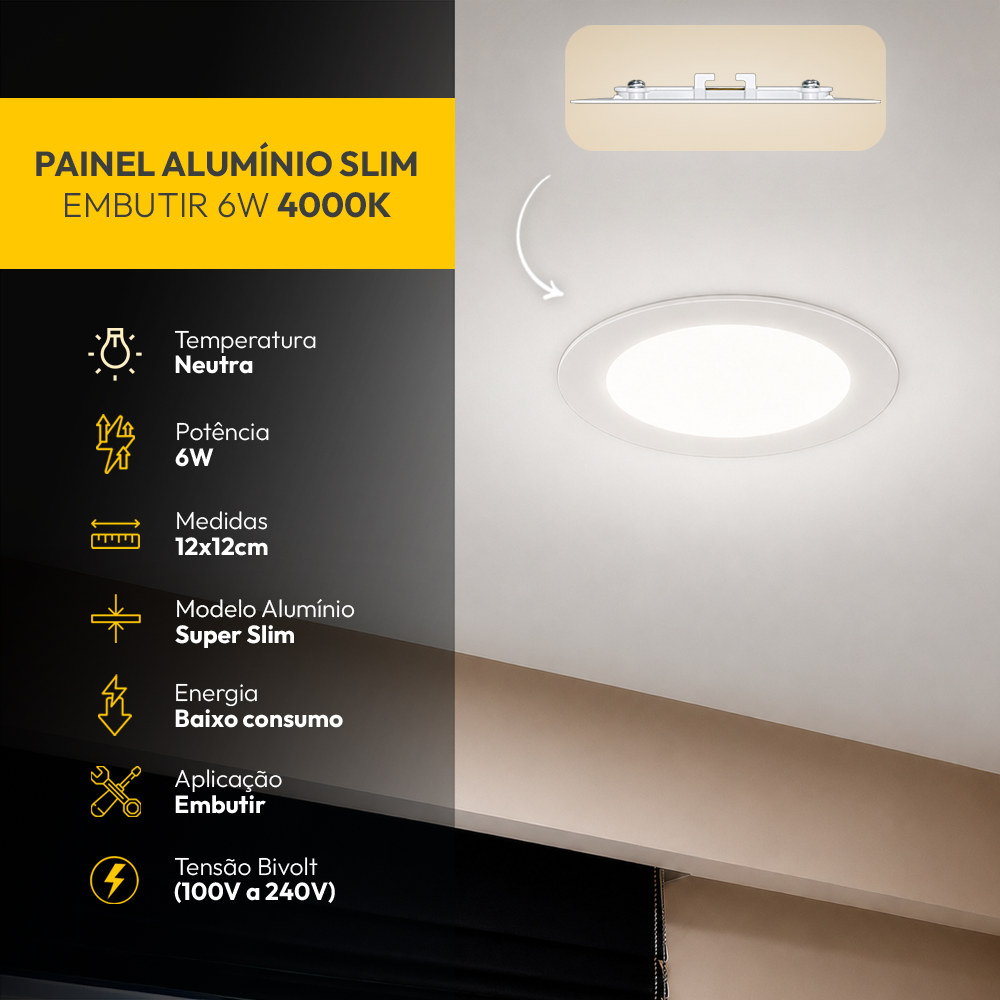 Painel Led Plafon Aluminio Embutir 6w 4000k Branco Neutro 12cm Redondo Alut By Avant