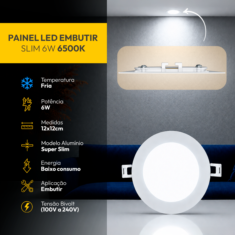 Painel Led Plafon Aluminio Embutir 6w 6500K Branco Frio 12cm Redondo Cod: ALUT001974 Alut By Avant