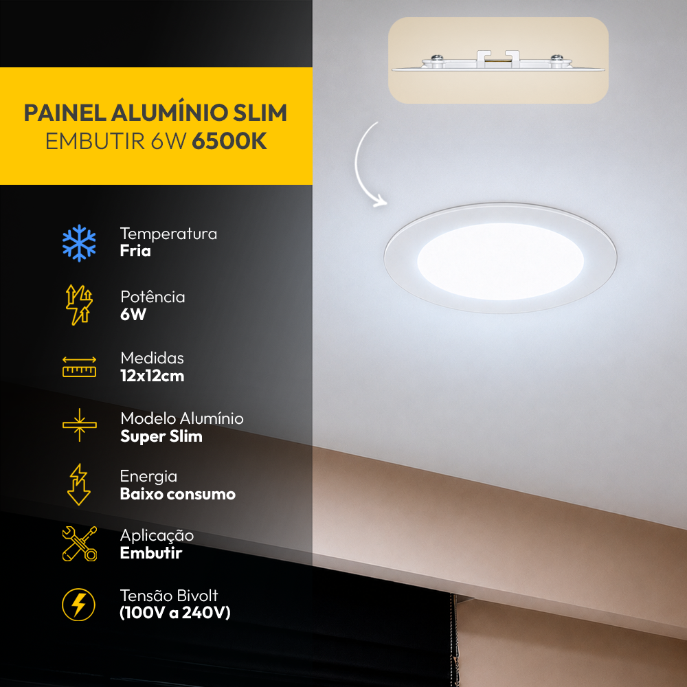 Painel Led Plafon Aluminio Embutir 6w 6500K Branco Frio 12cm Redondo Alut By Avant