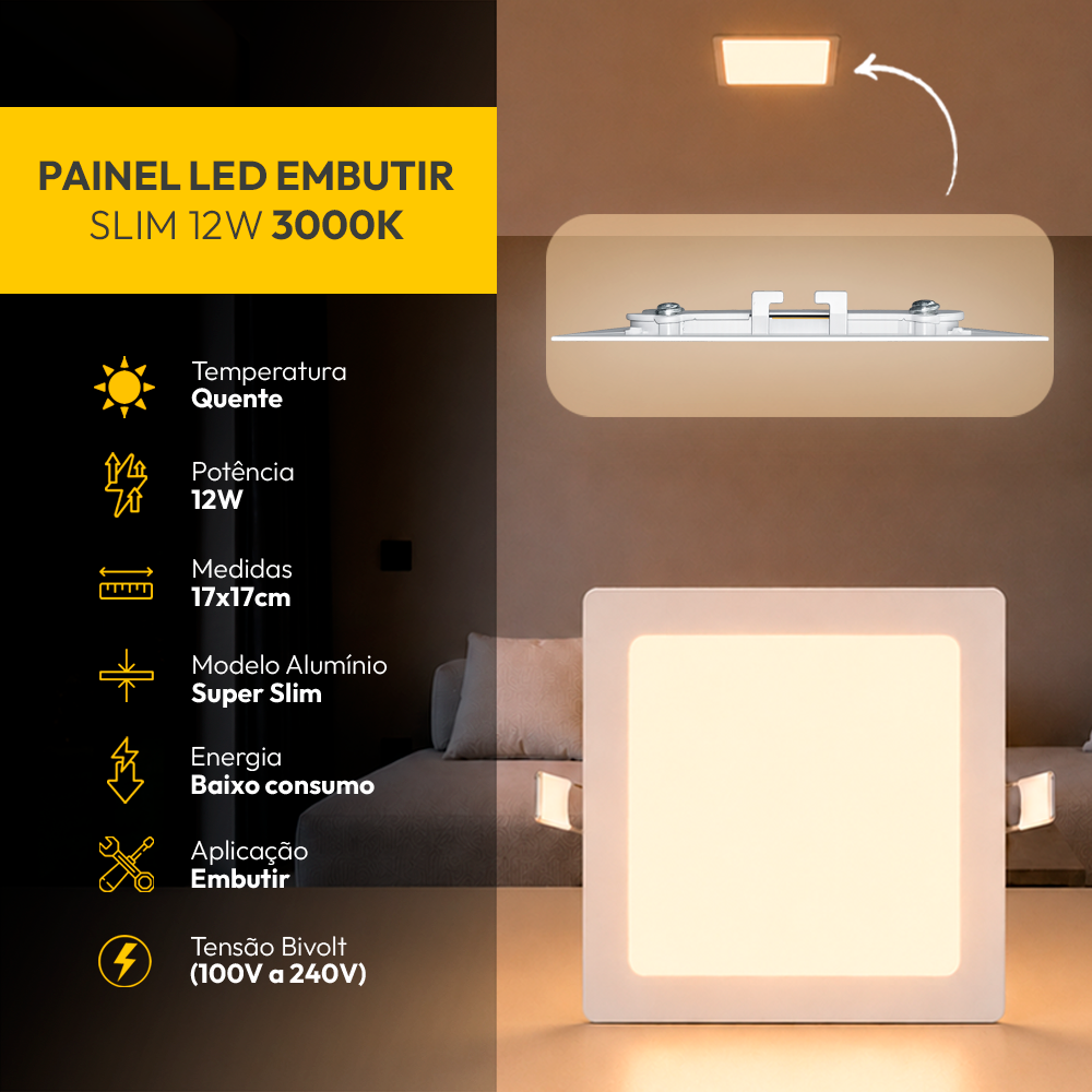 Painel Led Plafon Aluminio Embutir 12w 3000k Branco Quente 17x17Cm Quadrado Cod: ALUT001975 Alut By Avant