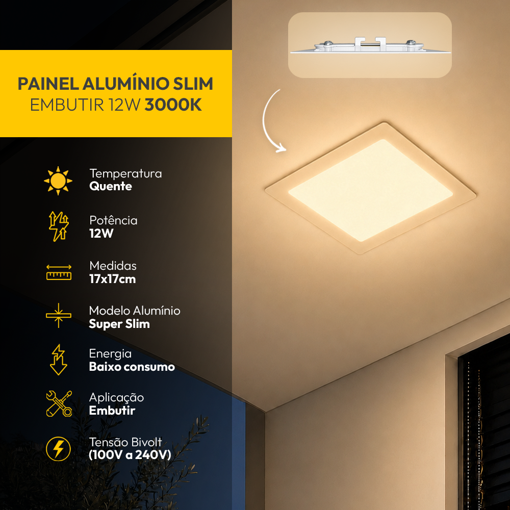 Painel Led Plafon Aluminio Embutir 12w 3000k Branco Quente 17x17Cm Quadrado Alut By Avant