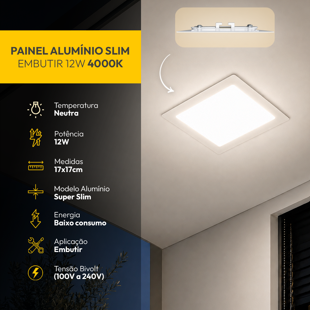 Painel Led Plafon Aluminio Embutir 12w 4000k Branco Neutro 17x17Cm Quadrado Alut By Avant