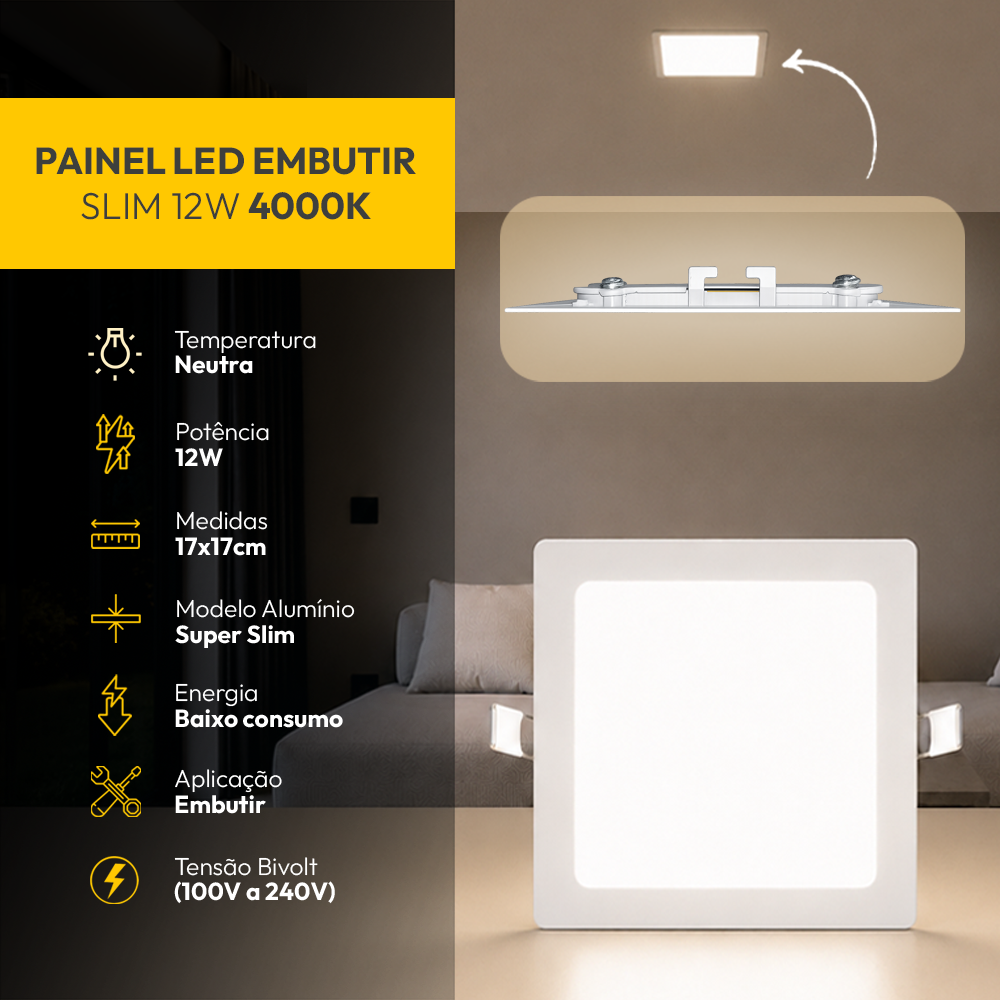 Painel Led Plafon Aluminio Embutir 12w 4000k Branco Neutro 17x17Cm Quadrado Cod: ALUT001976 Alut By Avant