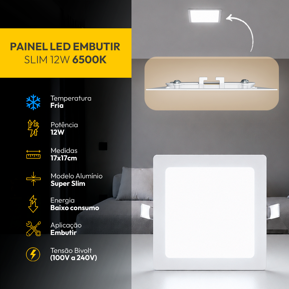 Painel Led Plafon Aluminio Embutir 12w 6500K Branco Frio 17x17Cm Quadrado Cod: ALUT001977 Alut By Avant