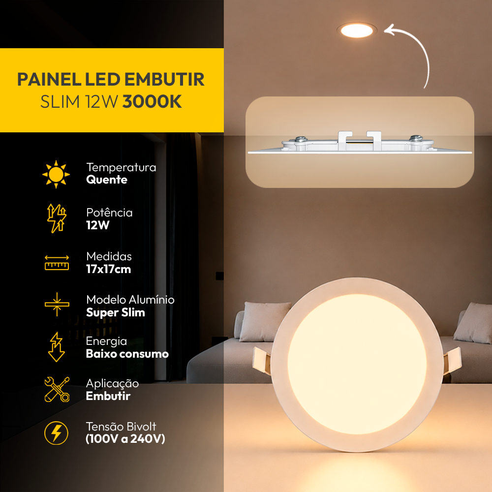 Painel Led Plafon Aluminio Embutir 12w 3000k Branco Quente 17cm Redondo Cod: ALUT001978 Alut By Avant
