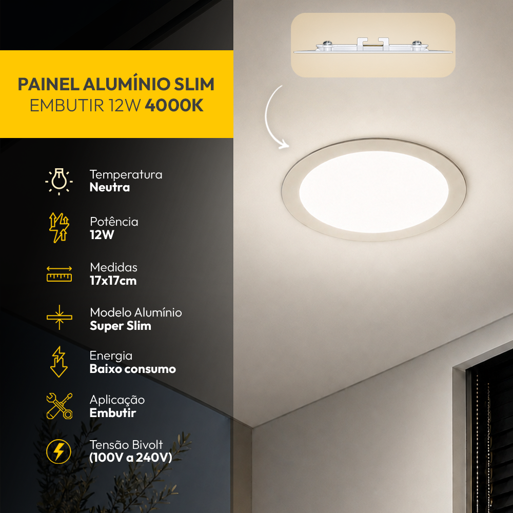 Painel Led Plafon Aluminio Embutir 12w 4000k Branco Neutro 17cm Redondo Alut