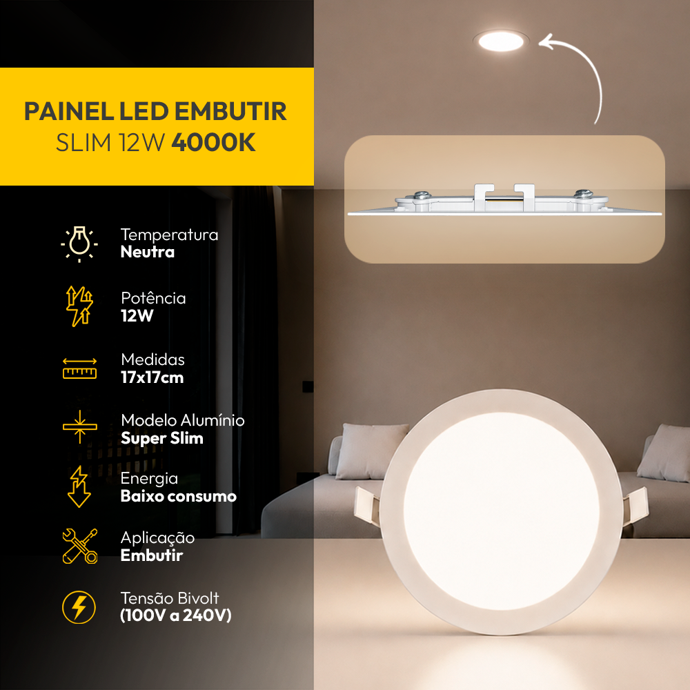 Painel Led Plafon Aluminio Embutir 12w 4000k Branco Neutro 17cm Redondo Cod: ALUT001979 Alut By Avant