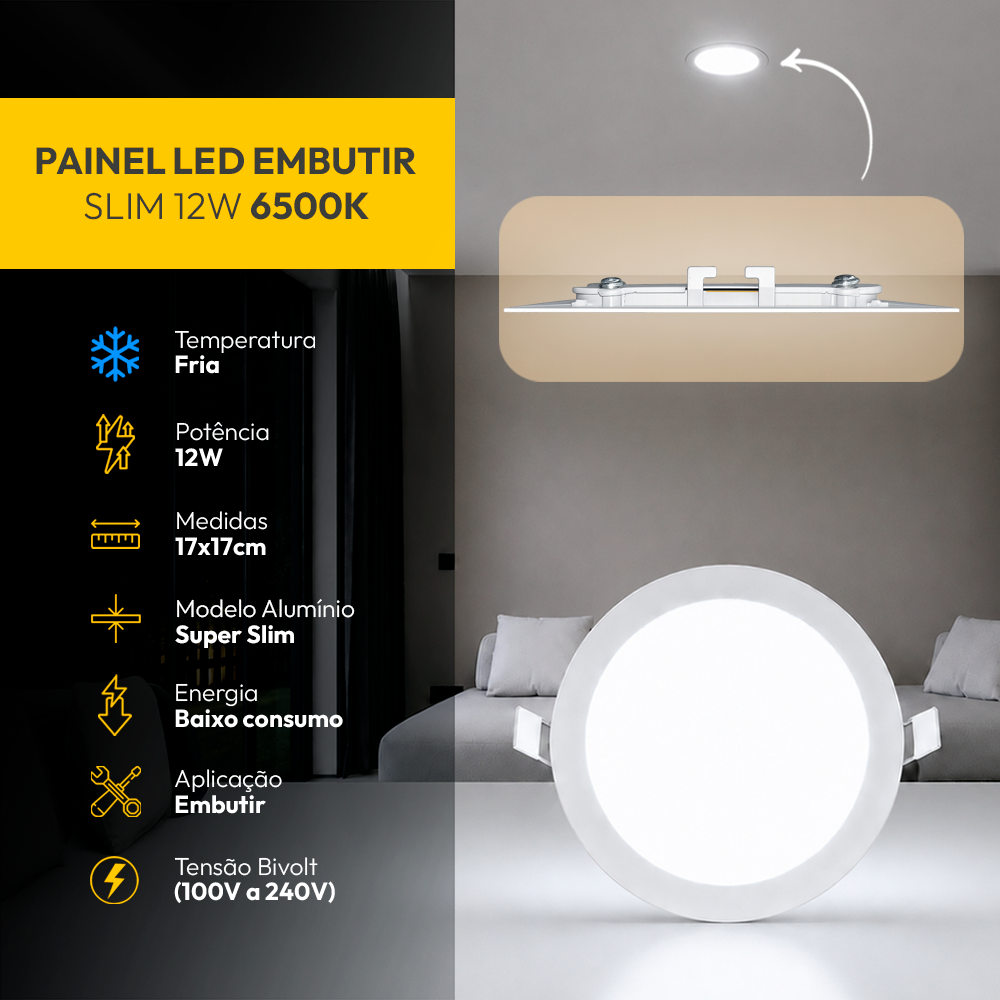 Painel Led Plafon Aluminio Embutir 12w 6500K Branco Frio 17cm Redondo Cod: ALUT001980 Alut By Avant