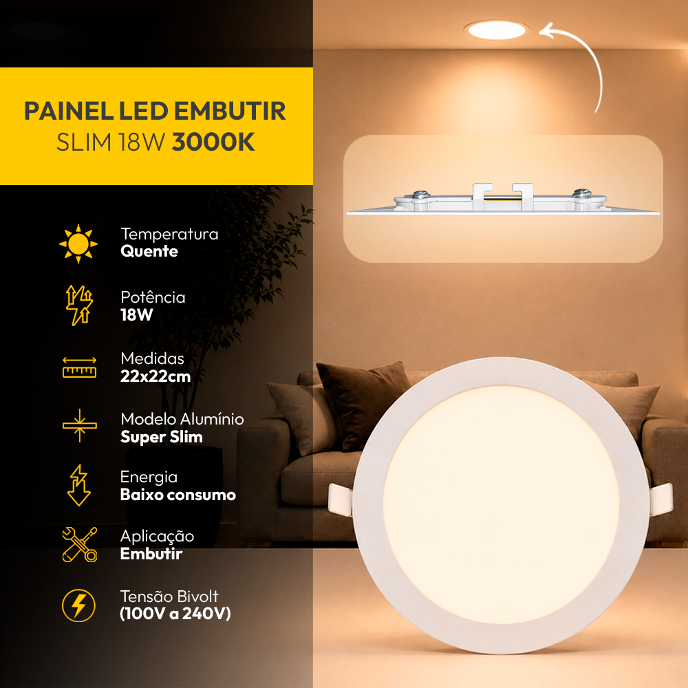 Painel Led Plafon Aluminio Embutir 18w 3000k Branco Quente 22cm Redondo Cod: ALUT001981 Alut By Avant