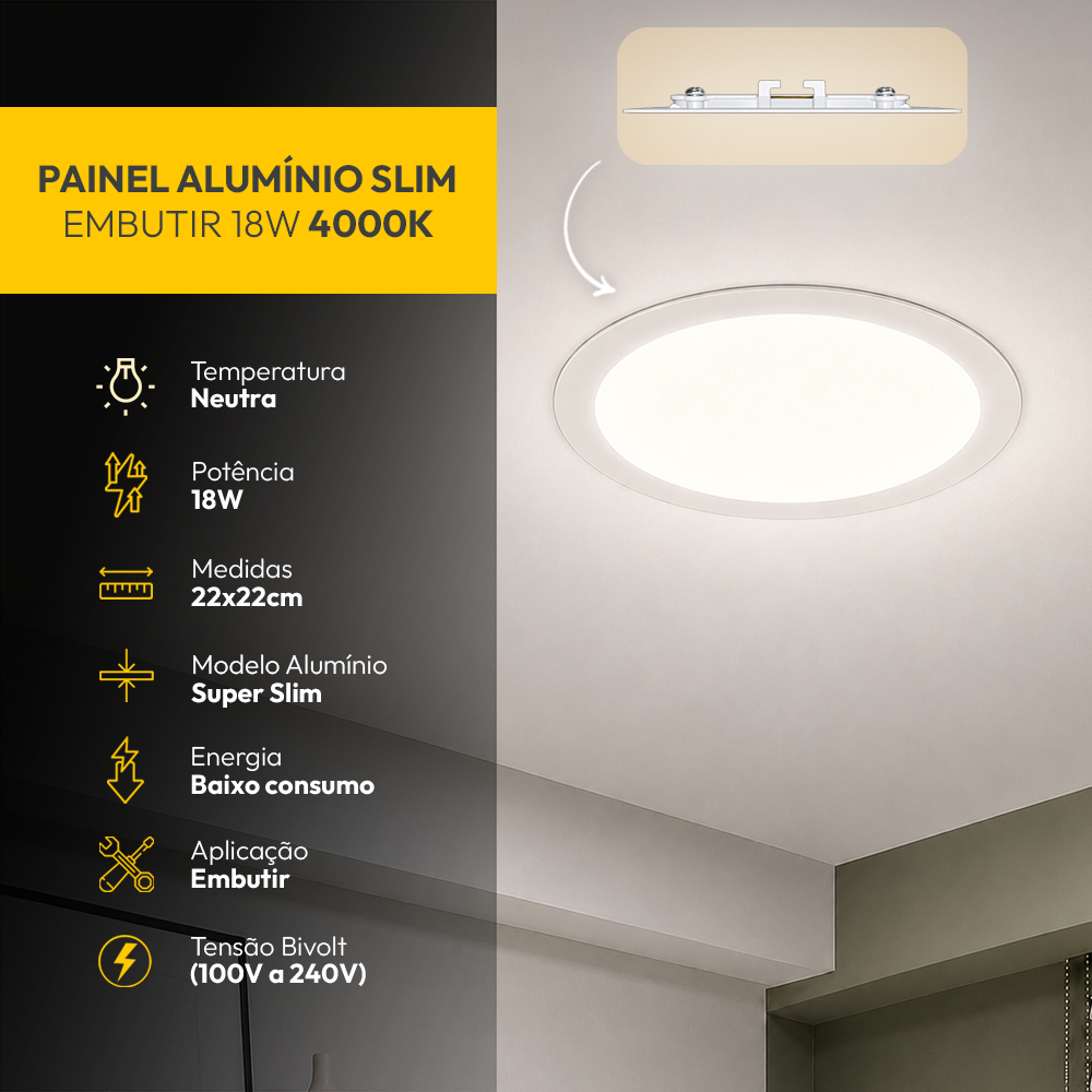 Painel Led Plafon Aluminio Embutir 18w 4000k Branco Neutro 22cm Redondo Alut