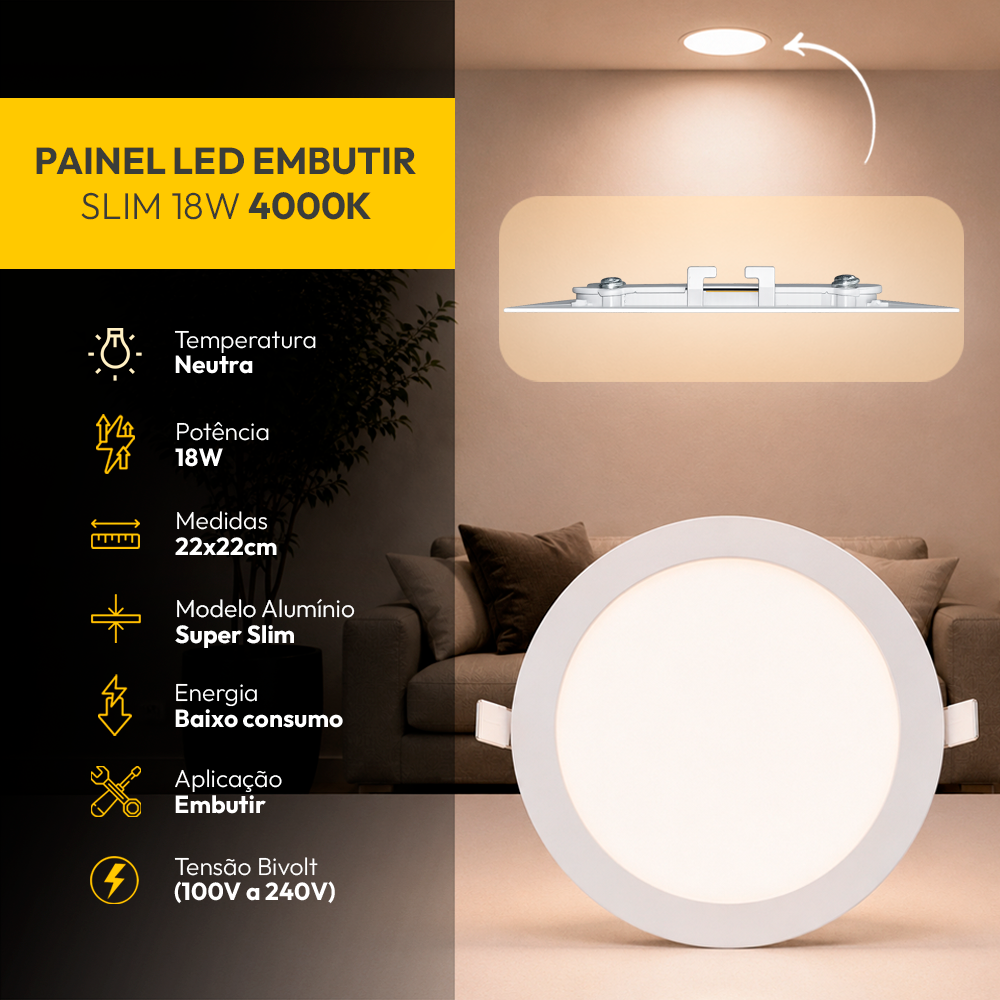 Painel Led Plafon Aluminio Embutir 18w 4000k Branco Neutro 22cm Redondo Cod: ALUT001982 Alut By Avant
