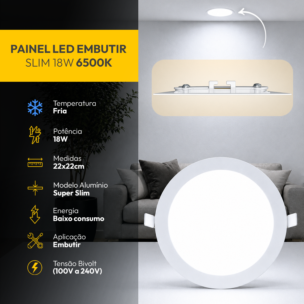 Painel Led Plafon Aluminio Embutir 18w 6500K Branco Frio 22cm Redondo Cod: ALUT001983 Alut By Avant