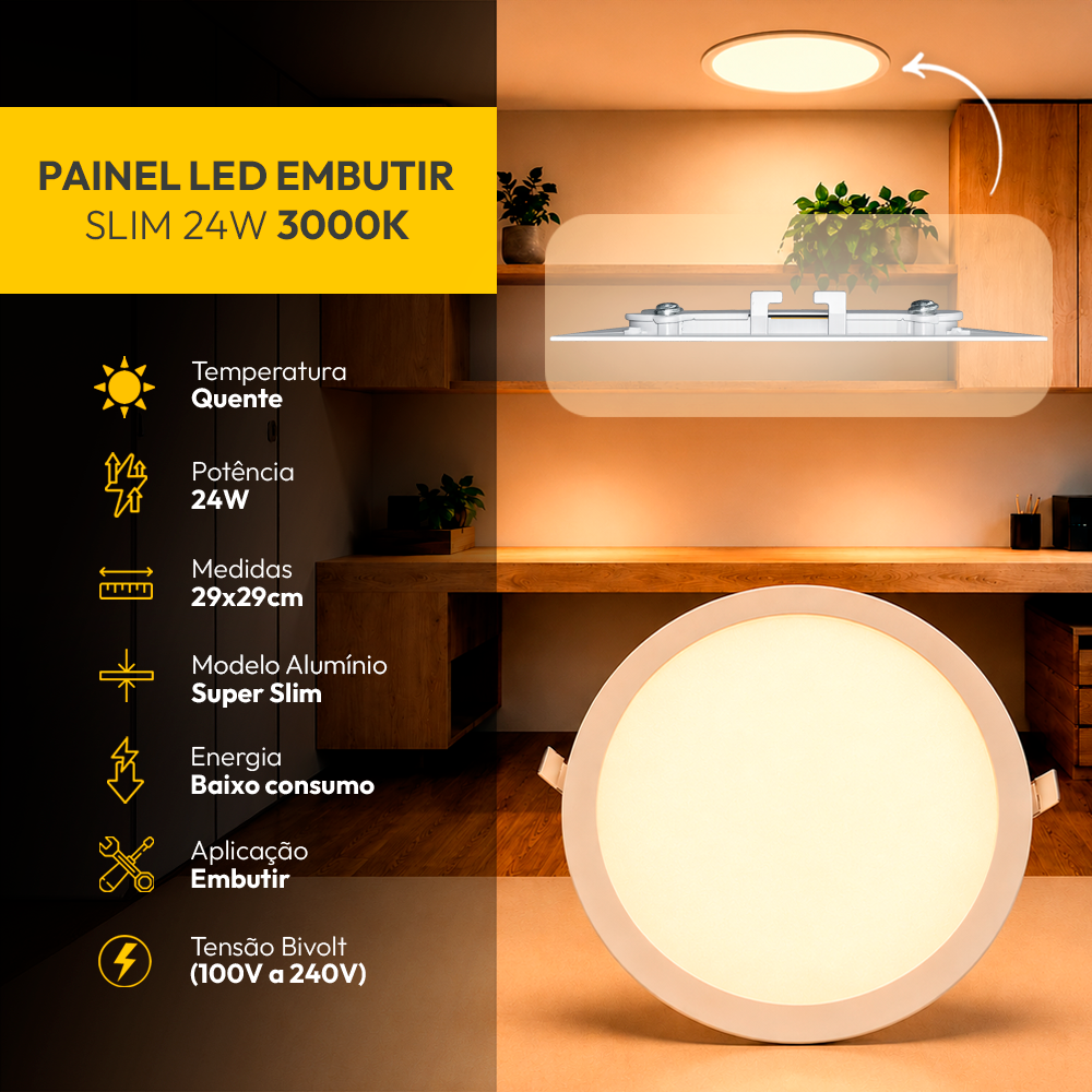 Painel Led Plafon Aluminio Embutir 24w 3000k Branco Quente 29cm Redondo Alut By Avant