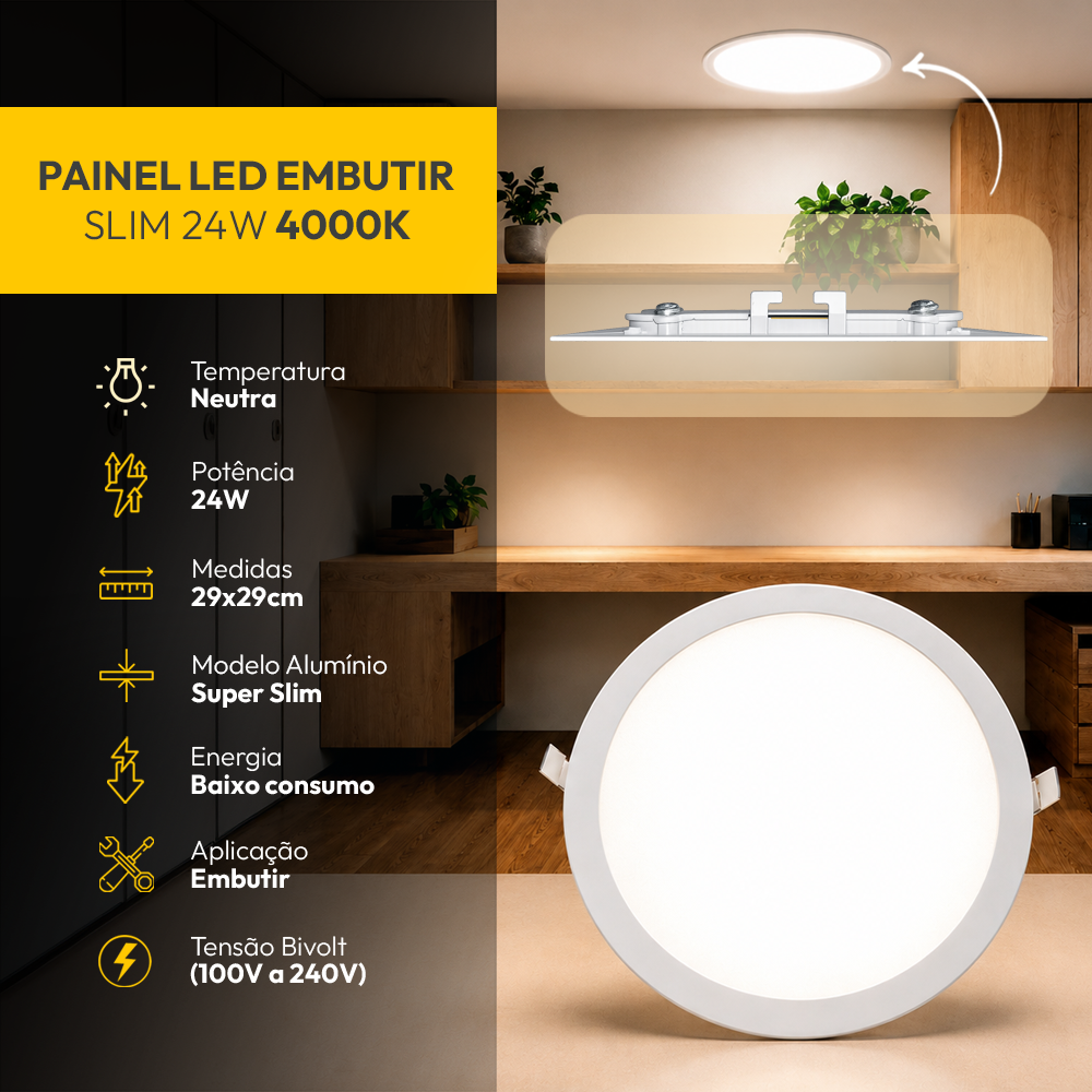 Painel Led Plafon Aluminio Embutir 24w 4000k Branco Neutro 29cm Redondo Alut By Avant