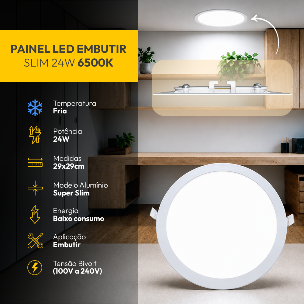 Painel Led Plafon Alumínio Embutir 24w 6500K Branco Frio 29cm Redondo Alut By Avant