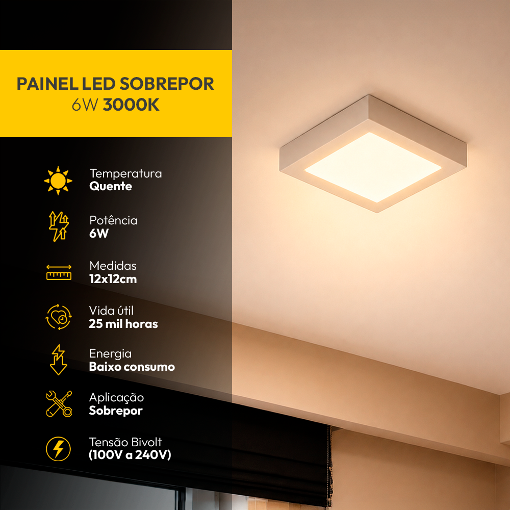 Painel Led Plafon Aluminio Sobrepor 6w 3000k 12x12cm Quadrado Alut