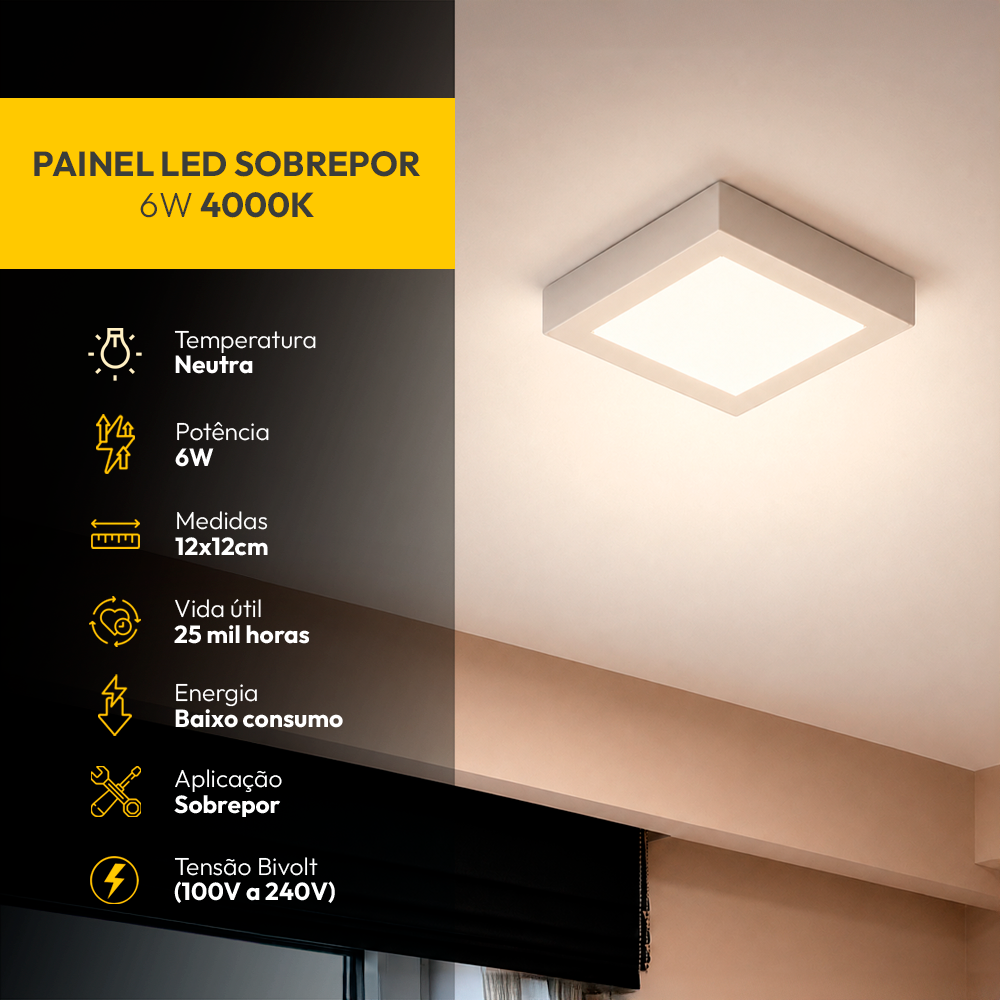 Painel Led Plafon Aluminio Sobrepor 6w 4000k 12x12cm Quadrado Alut