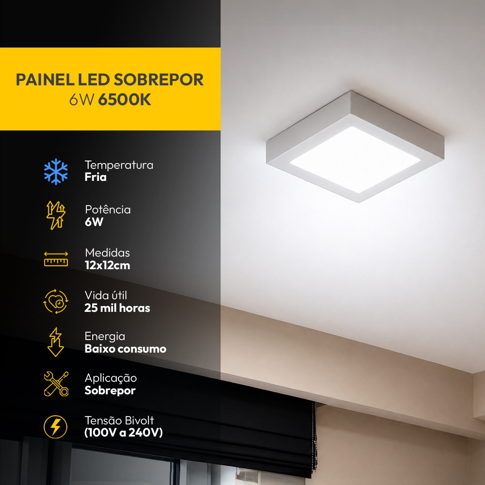 Painel Led Plafon Aluminio Sobrepor 6w 6500K 12x12cm Quadrado Alut