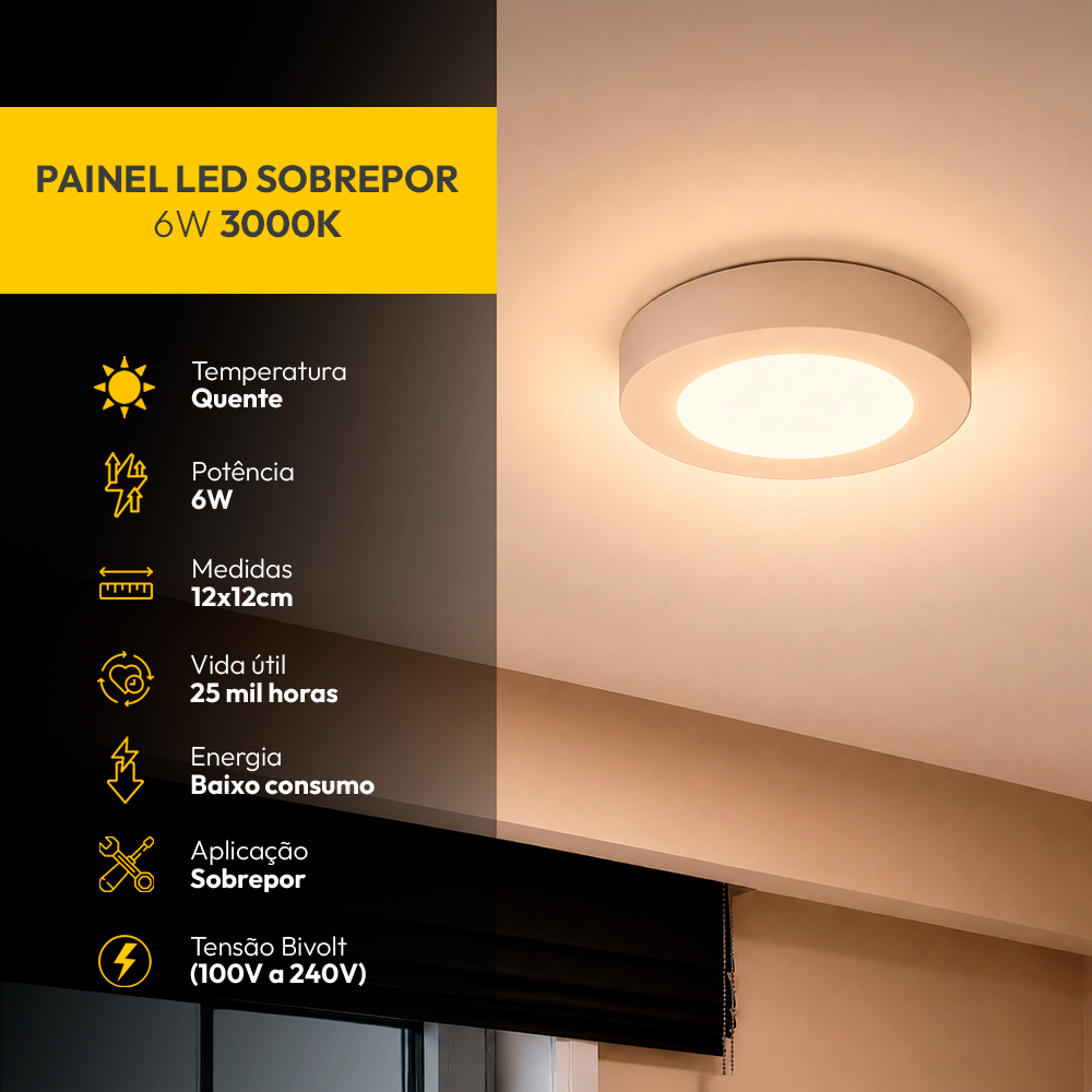 Painel Led Plafon Aluminio Sobrepor 6w 3000k Branco Quente 12cm Redondo Alut