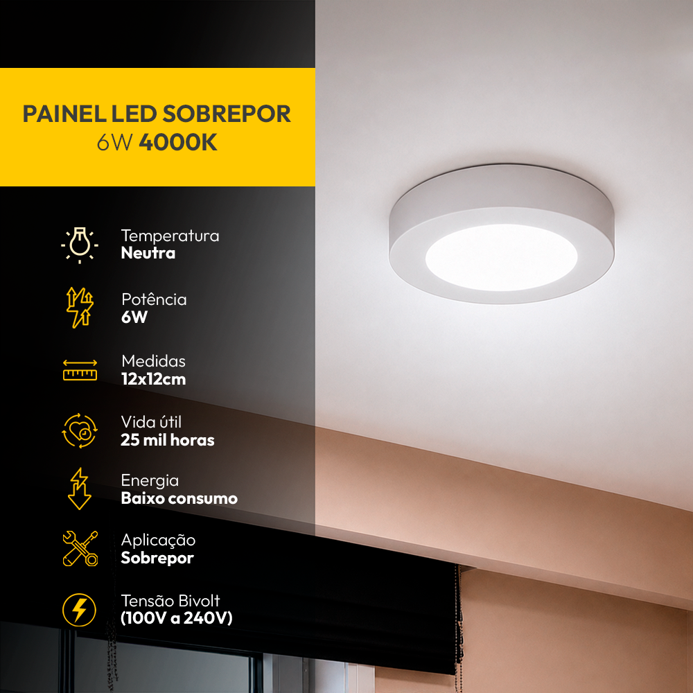 Painel Led Plafon Aluminio Sobrepor 6w 4000k 12cm Redondo Alut