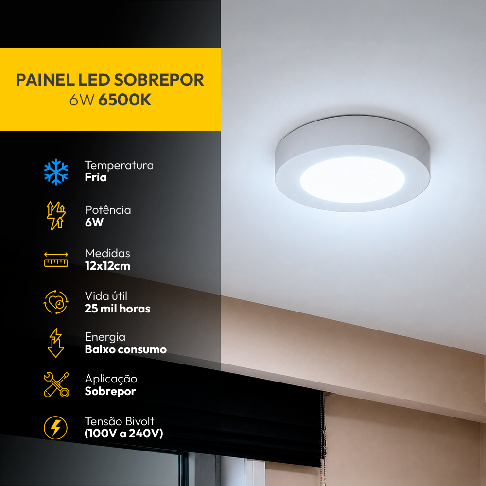 Painel Led Plafon Aluminio Sobrepor 6w 6500K 12cm Redondo Alut