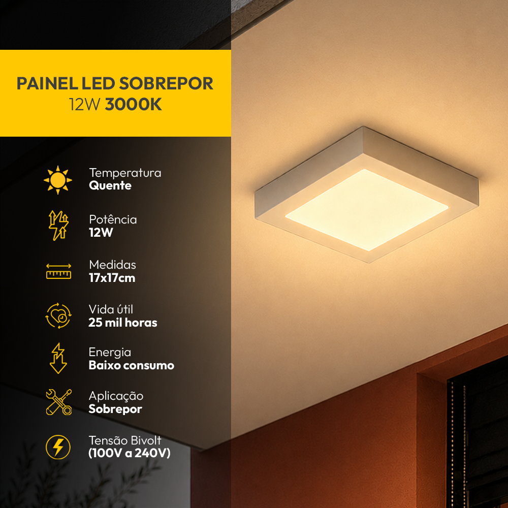 Painel Led Plafon Aluminio Sobrepor 12w 3000k Branco Quente 17x17cm Quadrado Alut