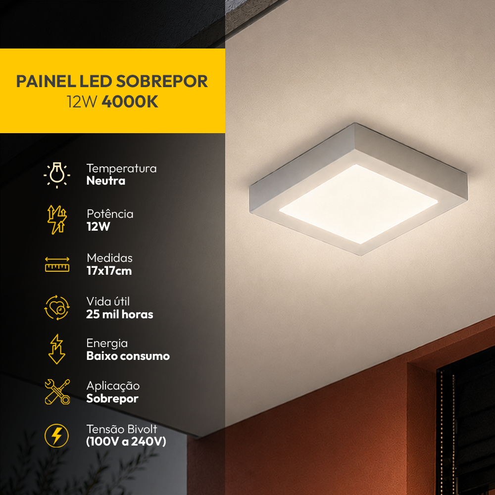 Painel Led Plafon Aluminio Sobrepor 12w 4000k Branco Neutro 17x17cm Quadrado Alut