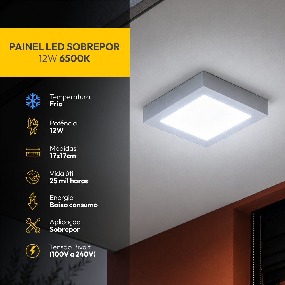 Painel Led Plafon Aluminio Sobrepor 12w 6500K Branco Frio 17x17cm Quadrado Alut