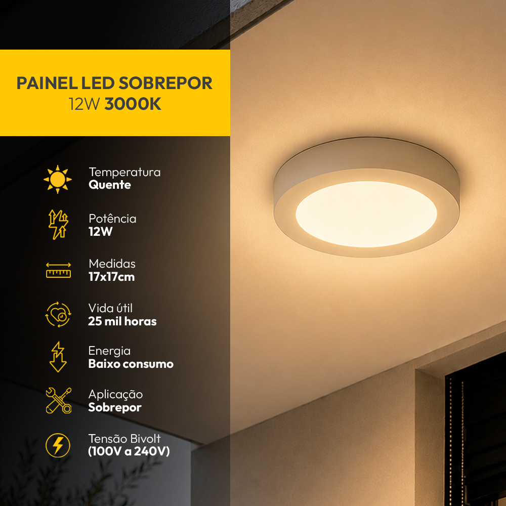 Painel Led Plafon Aluminio Sobrepor 12w 3000k Branco Quente 17cm Redondo Alut