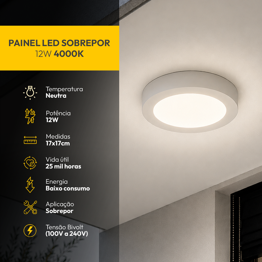 Painel Led Plafon Aluminio Sobrepor 12w 4000k Branco Neutro 17cm Redondo Alut