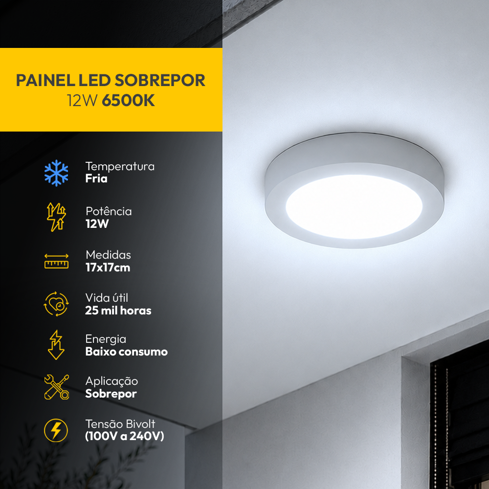 Painel Led Plafon Aluminio Sobrepor 12w 6500K Branco Frio 17cm Redondo Alut