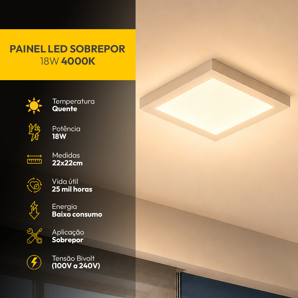 Painel Led Plafon Aluminio Sobrepor 18w 3000k Branco Quente 22x22cm Quadrado Alut