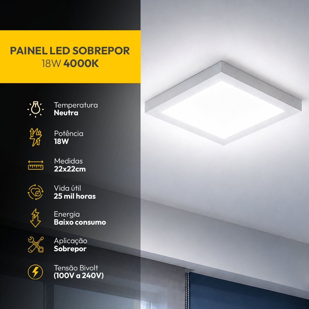 Painel Led Plafon Aluminio Sobrepor 18w 4000k Branco Neutro 22x22cm Quadrado Alut