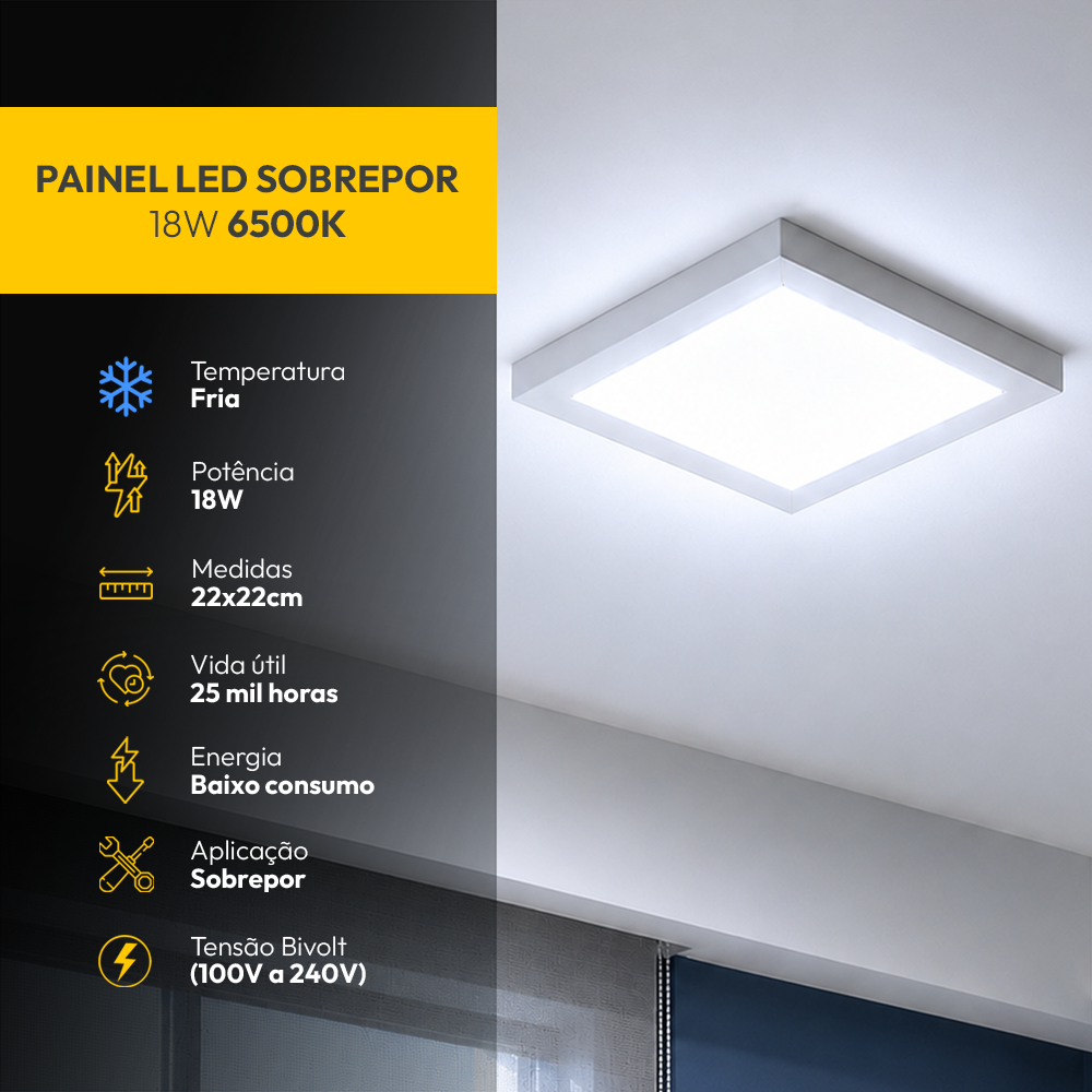 Painel Led Plafon Aluminio Sobrepor 18w 6500K Branco Frio 22x22cm Quadrado Alut