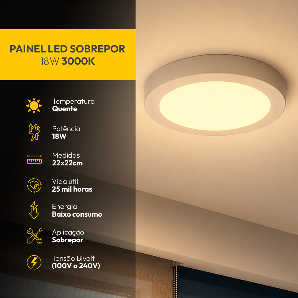 Painel Led Plafon Aluminio Sobrepor 18w 3000k Branco Quente 22cm Redondo Alut