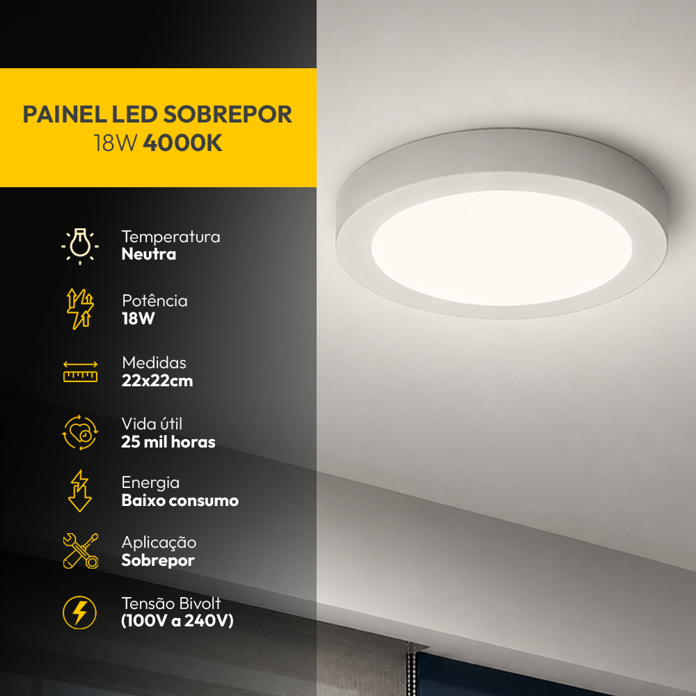 Painel Led Plafon Aluminio Sobrepor 18w 4000k Branco Neutro 22cm Redondo Alut