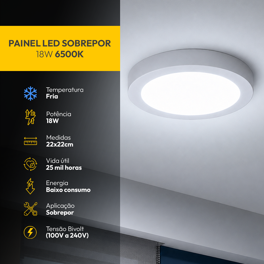 Painel Led Plafon Aluminio Sobrepor 18w 6500K Branco Frio 22cm Redondo Alut