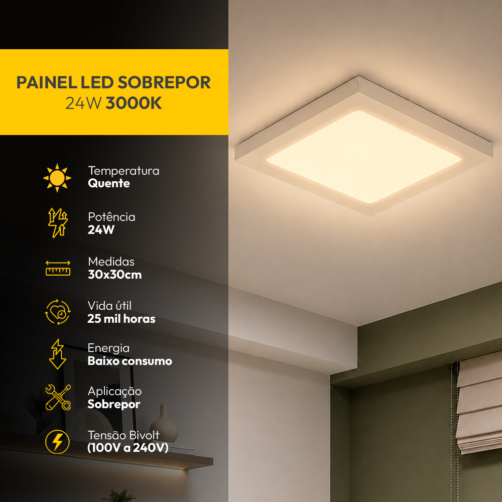 Painel Led Plafon Aluminio Sobrepor 24w 3000k Branco Quente 29x29cm Quadrado ALut