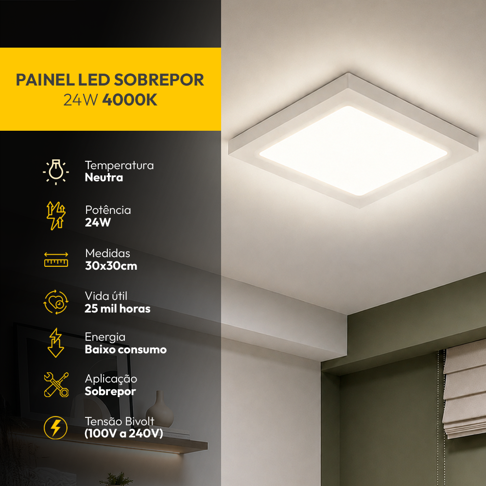 Painel Led Plafon Aluminio Sobrepor 24w 4000k Branco Neutro 29x29cm Quadrado Alut