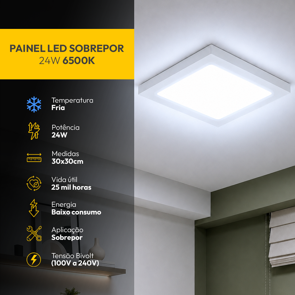 Painel Led Plafon Aluminio Sobrepor 24w 6500K Branco Frio 29x29cm Quadrado Alut