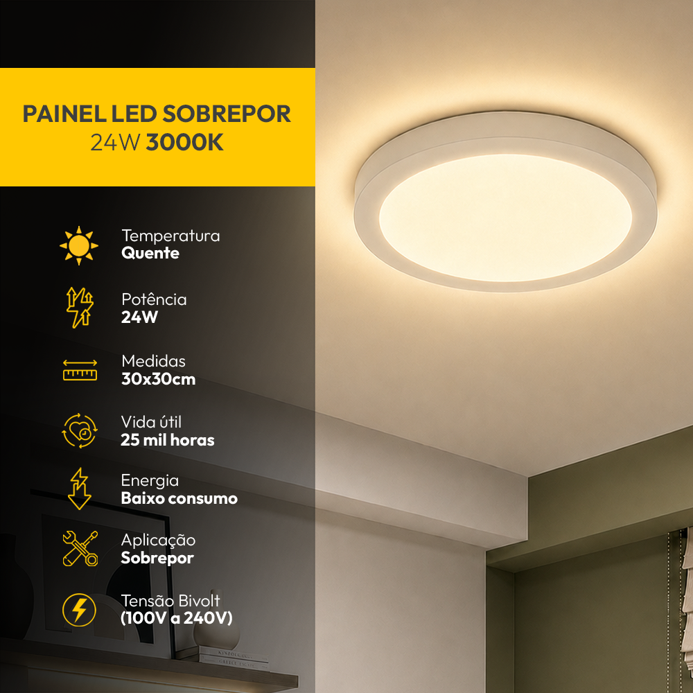 Painel Led Plafon Aluminio Sobrepor 24w 3000k Branco Quente 29cm Redondo Alut