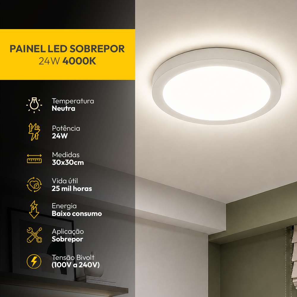 Painel Led Plafon Aluminio Sobrepor 24w 4000k Branco Neutro 29cm Redondo Alut