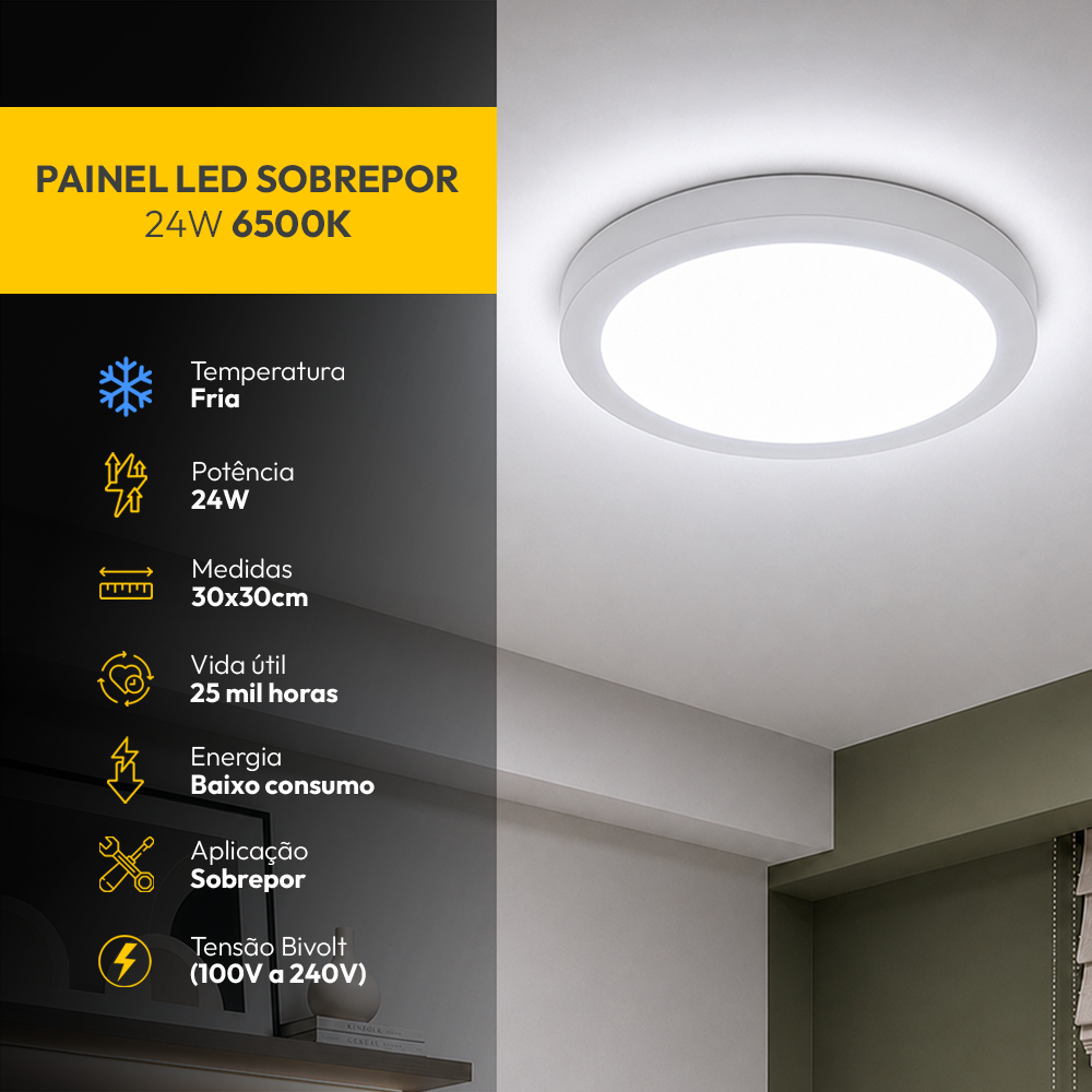 Painel Led Plafon Aluminio Sobrepor 24w 6500K Branco Frio 29cm Redondo Alut