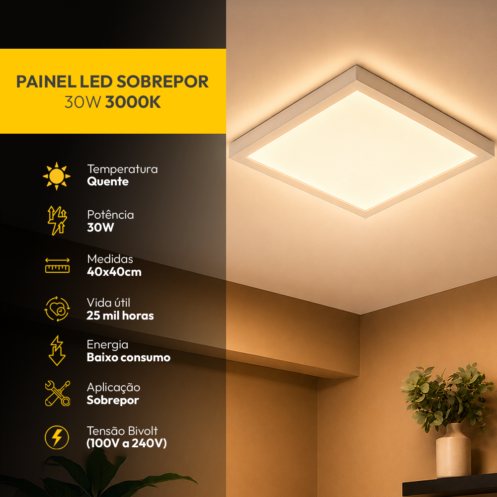 Painel Led Plafon Aluminio Sobrepor 30w 3000k Branco Quente 40x40cm Quadrado Alut